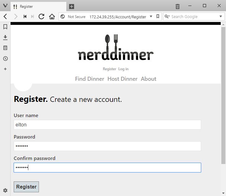 Registering a user account in the Nerd Dinner web container