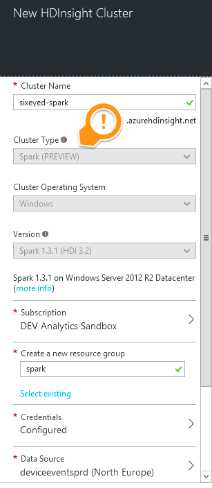 New Spark HDInsight cluster in the Azure Portal