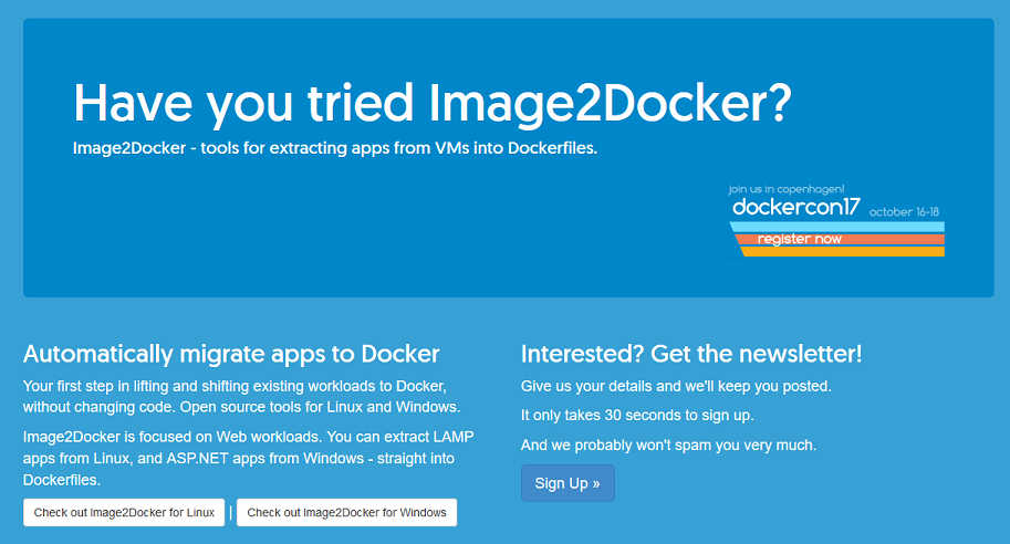 SignUp Homepage - an ASP.NET WebForms app running in Docker