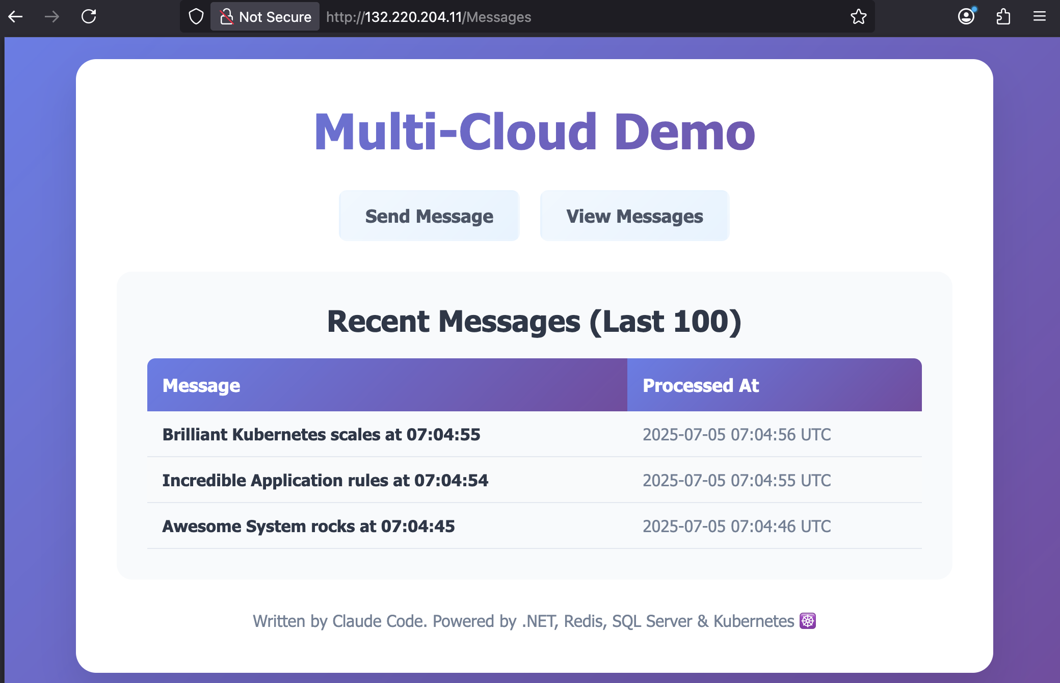 Multi-cloud demo application running in Azure showing distributed system with frontend, Redis queue, and SQL Server database deployed by Claude Code