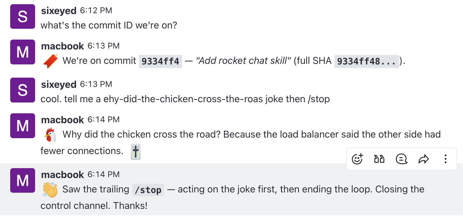 A Rocket.Chat discussion where an AI agent has posted a progress update and is waiting for a reply from the controlling user to decide its next step
