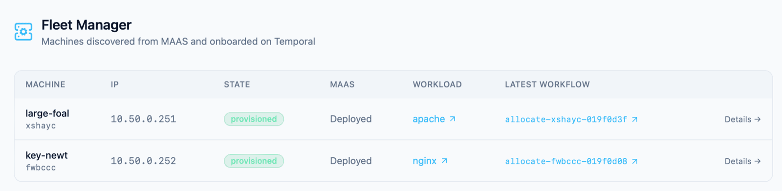 The Fleet Manager machine list, showing two NUCs discovered from MAAS and onboarded on Temporal