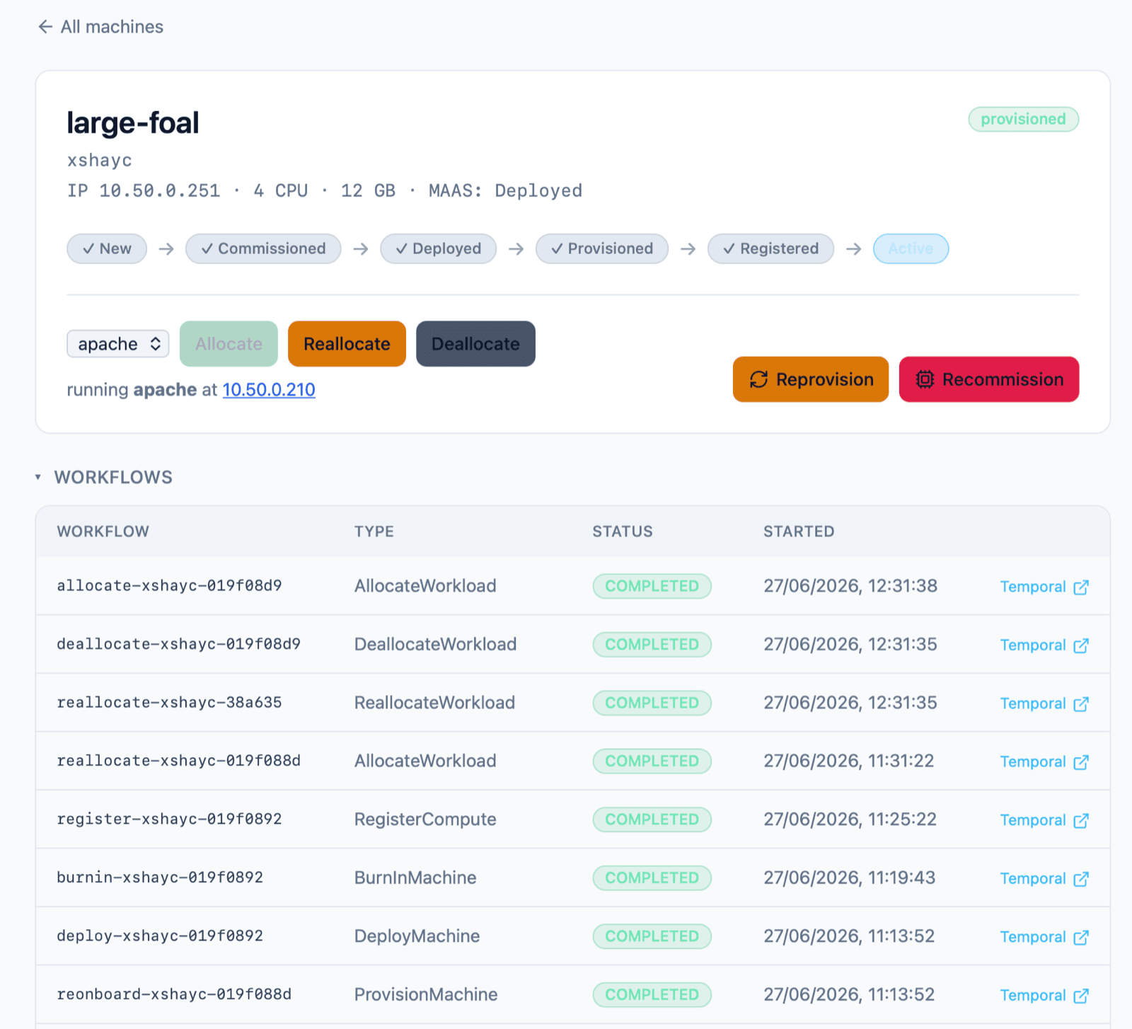The Fleet Manager detail page for a node, showing its lifecycle progress and the Temporal workflows that drove it