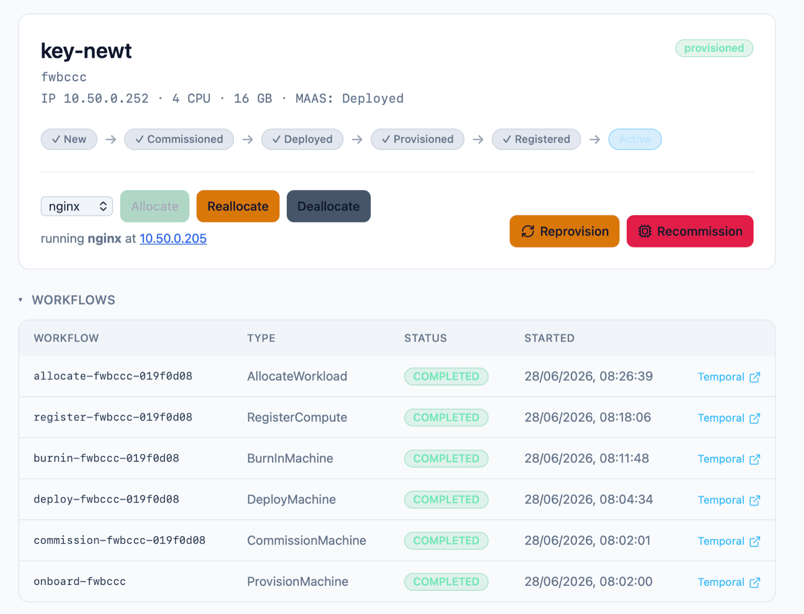The Fleet Manager detail page for the second NUC, fully provisioned and running an Nginx workload