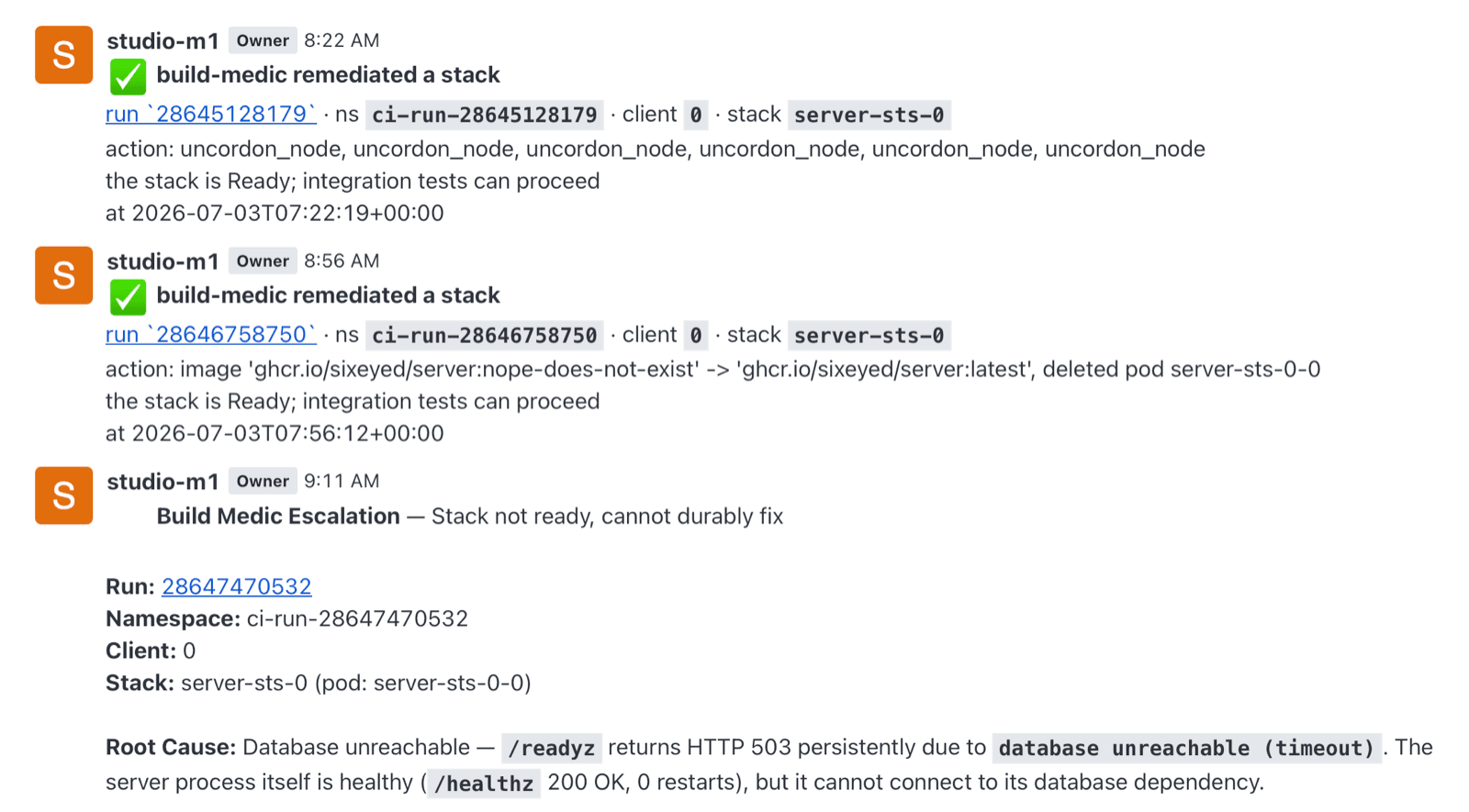 Rocket.Chat messages from Build Medic: two successful stack remediations and one escalation with a root-cause analysis